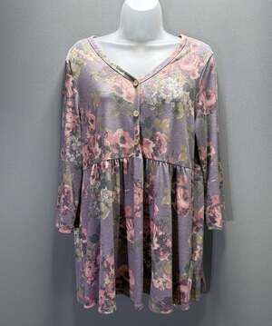 Honeyme Large Floral Tunic Top 3/4 Sleeve Babydoll Blouse Stretch NWT